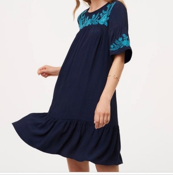 LOFT Dresses & Skirts - LOFT Navy Blue & Teal Embroidered Floral Drop Waist Dress Size Small